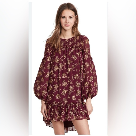NWOT Cinq à Sept Burgundy and Yellow Smocked Dress size 2